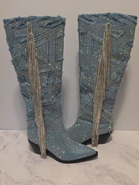 Azalea Wang Domingo Pointed Toe Sparkling Denim Knee-High Boots